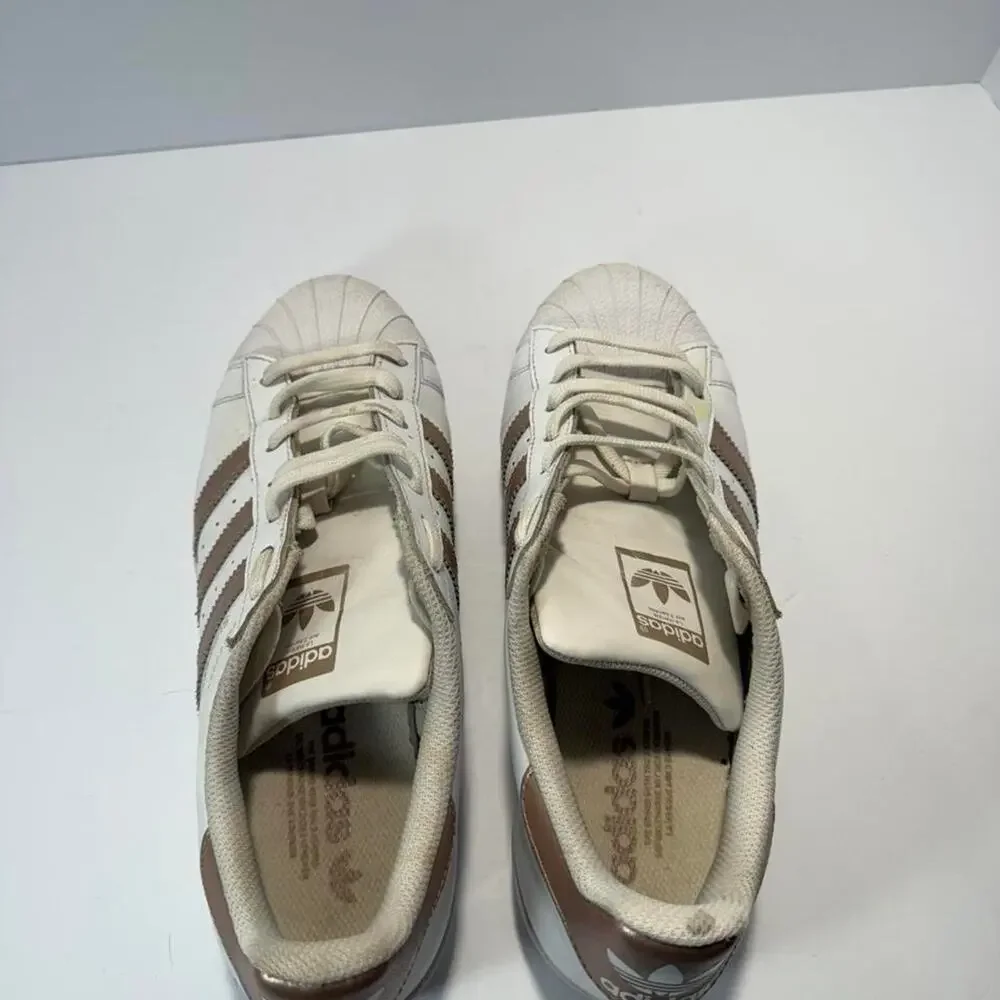 Adidas Superstar Womens 8.5 White Rose Gold Copper Metallic Shell Toe Sneakers